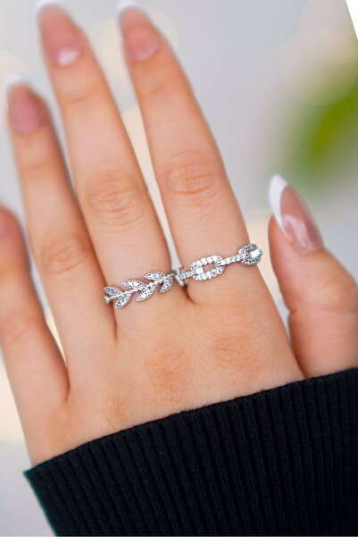 The Collection Set of 2 Zircon Stone Thin Chain and Leaf Model Silver Adjustable Women's Ring Set (2 Rings)
