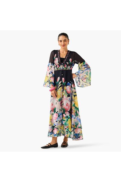 2Xtremz 2Xtremz All-Over Floral Print A-line Dress with Bell Sleeves
