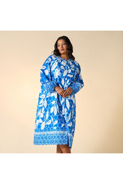 Ulla Popken Plus Size Ulla Popken All-Over Print Dress with Volume Sleeves