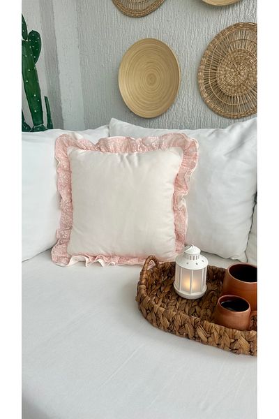 Decamor home Ecru Pink Frilly Throw Pillow Cover with Lace Detail
