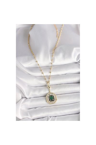 Skygo 316L Steel Gold Topcuk Chain Green Stone Seranay Women's Necklace