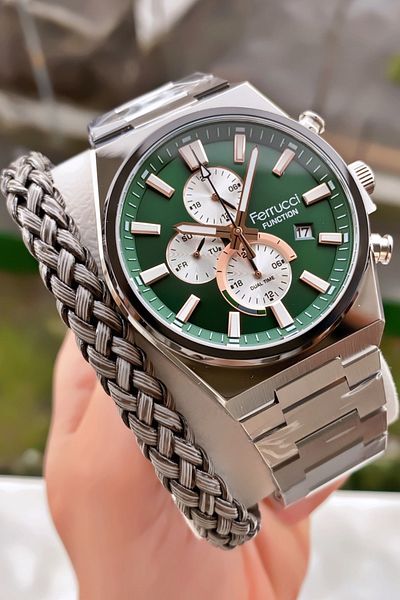 Ferrucci Brand Silver Color Steel Cord Inner Functions Active Steel Men's Wristwatch - with Bracelet Gift