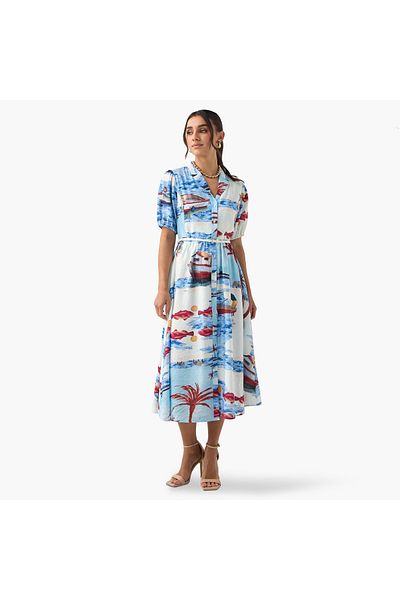 2Xtremz 2Xtremz All-Over Print Shirt Dress with Notch Collar and Puff Sleeves