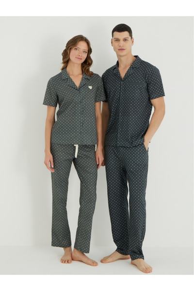 İPEKTENİM Puantiye Desenli Cepli Düğmeli Couple Erkek Gömlek Pijama Takımı