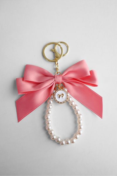 EFBUTİK Pink Ribbon Pearl Bow Detail Bag Charm Keychain