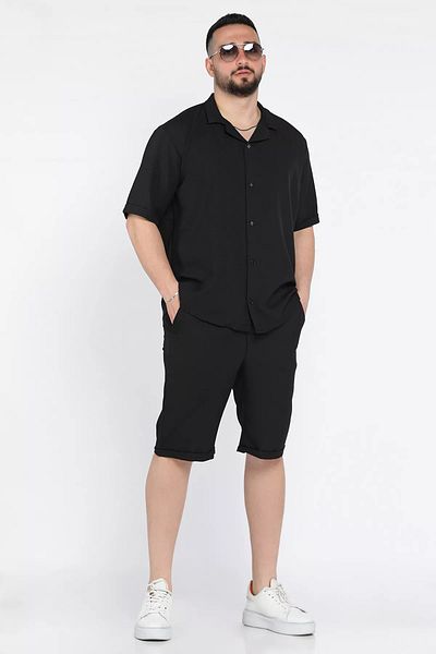 MİSHAR İTALİA Black Men's Double Sleeve Shirt Shorts Double Set