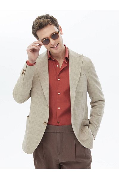 Kip Checked Modern Fit Wool Blend Jacket