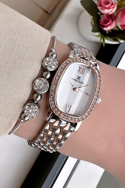 Daniel Klein Oval Stone Case Waterproof Women Wristwatch Rose Silver Color Steel Band Gift Bangle Dkby2032C5