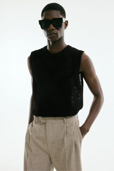 H&M Delik Desenli Kolsuz Triko Üst Regular Fit