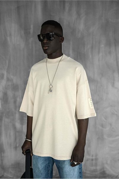ablukaonline Oversize Twill Crew Neck - Ανοιχτό μπεζ ανδρικό μπλουζάκι