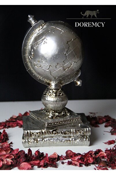 Doremcy Dekoratif Gümüş Kitaplı Dünya Küre Hediyelik Polyester Döküm Biblo