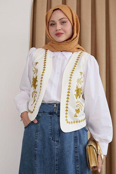 InStyle Κίτρινο Τριπλό Σετ με Γιλέκο Κέντημα και Τζιν Φούστα