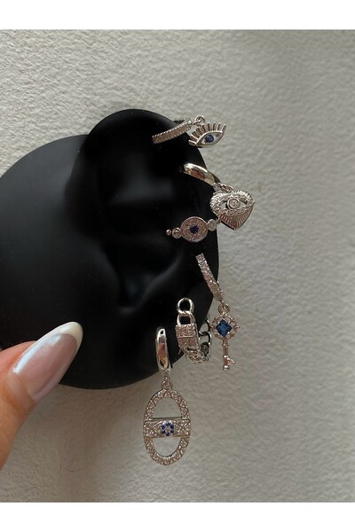 h&b design jewel Silver Anahtar Detaylı 6 lı Küpe Seti