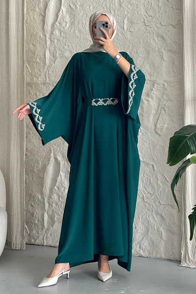 InStyle Stone Belted Bat Sleeve Emerald Green Abaya