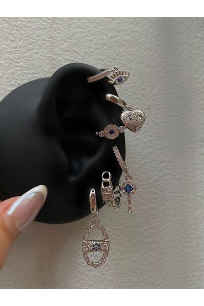 h&b design jewel Silver Anahtar Detaylı 6 lı Küpe Seti