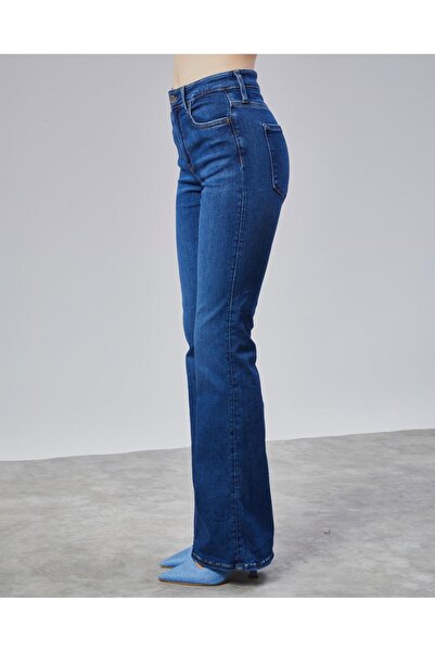 soBasic Ispanyol Yüksek Bel Solmaz Mavi Kar Yıkama Kot Pantolon Toparlayıcı Jean