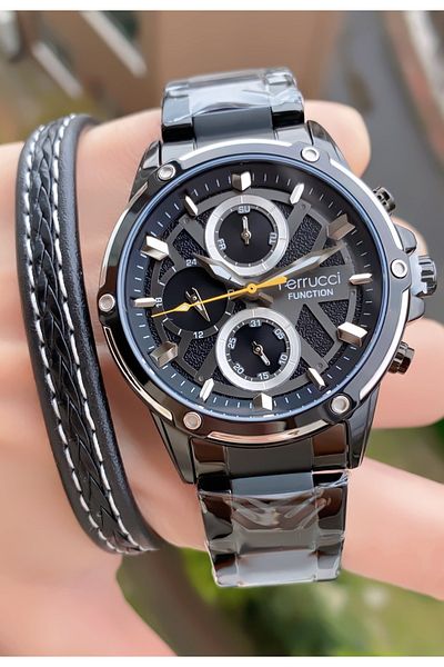 Ferrucci Brand Black Color Steel Cord Inner Functions Active Steel Men's Wrist Watch - with Bracelet Gift