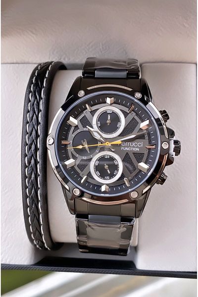 Ferrucci Brand Black Color Steel Cord Inner Functions Active Steel Men's Wrist Watch - with Bracelet Gift