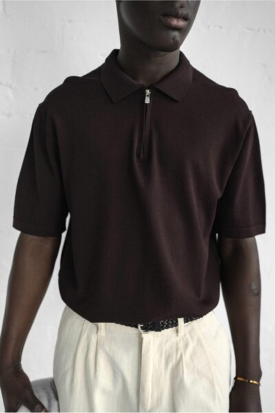 ablukaonline Ανδρικό μπλουζάκι με μισό φερμουάρ Polo λαιμόκοψη καφέ