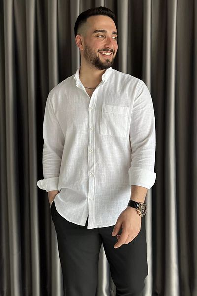 MİSHAR İTALİA Ανδρικό λινό πουκάμισο Cream Single Pocket