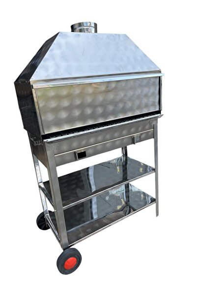 TOPSÖKEN Paslanmaz Kömürlü Mangal 40 x 80 Cm Sürgülü Bacalı Barbekü Tekerlekli