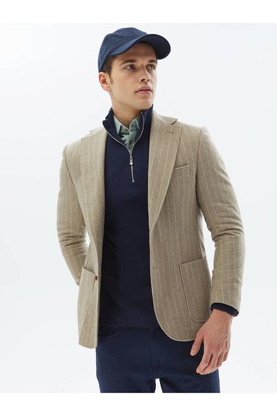 Kip Striped Comfort Fit Wool Blend Jacket