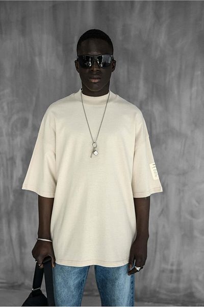 ablukaonline Oversize Twill Crew Neck - Ανοιχτό μπεζ ανδρικό μπλουζάκι