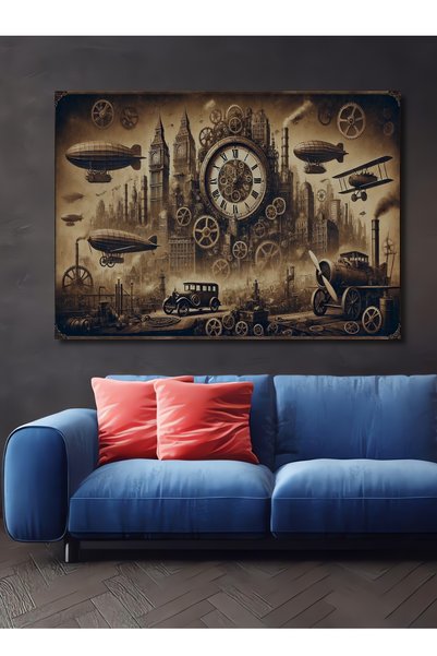 Teona Ahşap Steampunk Saat Kulesi Yağlı Boya Görünümlü Ahşap Dekoratif Dikdör...
