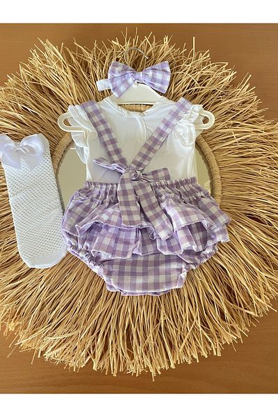 EBRU ÖZÖRGÜCÜ Girl's Gingham Romper Blouse Bandana and Socks Set