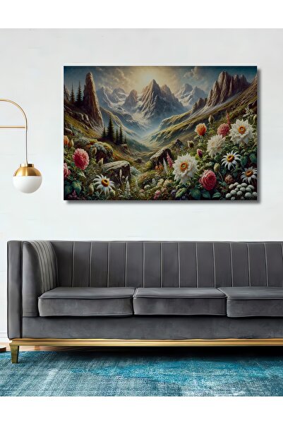 Teona Ahşap Dağ Çiçekleri Yağlı Boya Görünümlü Manzara Dekoratif Dikdörtgen S...