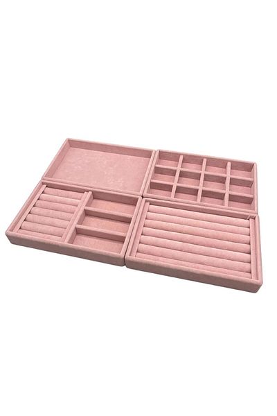 MeGass Dekor Domestic Production Suede Fabric Pink Color 4-Piece Set Jewelry Stand Inside Drawer