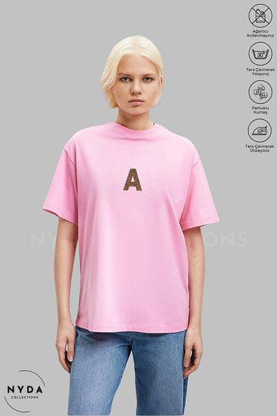 Nyda Collections Γυναικείο μπλουζάκι με κοντό μανίκι με λαιμόκοψη Leopard A Letter με στάμπα από βαμβακερό oversize