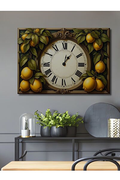 Teona Ahşap Lüks Limonlu Saat Yağlı Boya Görünümlü Ahşap Dekoratif Dikdörtgen...