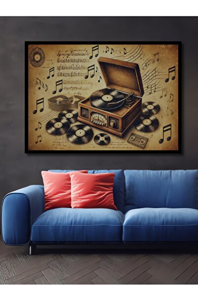 Teona Ahşap Nostaljik Plak Çalar ve Nota Kara Kalem Görünümlü Ahşap Dekoratif Dikdörtgen Salon/Ofis/Ev Tablo