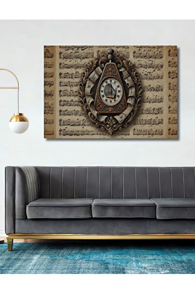 Teona Ahşap Altın Saatli Notalar Yağlı Boya Görünümlü Ahşap Dekoratif Dikdörtgen Salon/Ofis/Ev/Mutfak Tablo