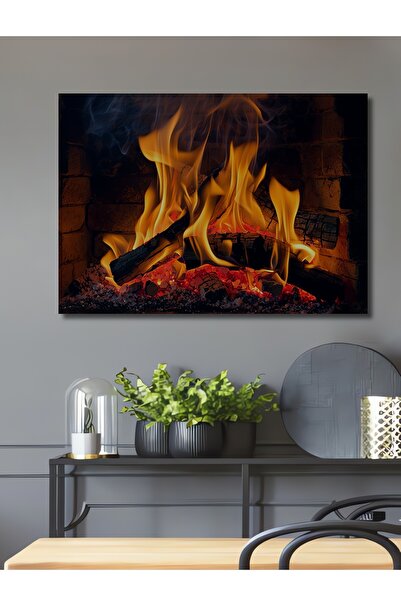 Teona Ahşap Şömine Ateşi Yağlı Boya Görünümlü Ahşap Dekoratif Dikdörtgen Salo...