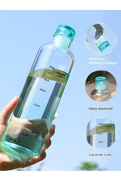 MUKKO HOME 550 ml Borosilicate Glass Water Bottle – with Time Scale, Leak-Proof Lid, 6 Color Options