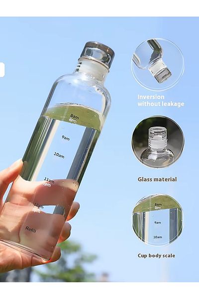 MUKKO HOME 550 ml Borosilicate Glass Water Bottle – with Time Scale, Leak-Proof Lid, 6 Color Options