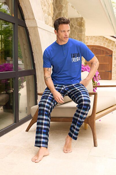 Pijamaevi Dark Blue Plaid Future Pattern Short-Sleeved Men's Pajamas Set