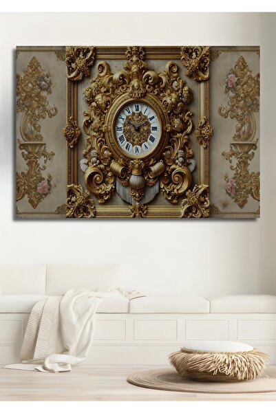Teona Ahşap Altın Yaldızlı Klasik Saat Yağlı Boya Görünümlü Ahşap Dekoratif D...