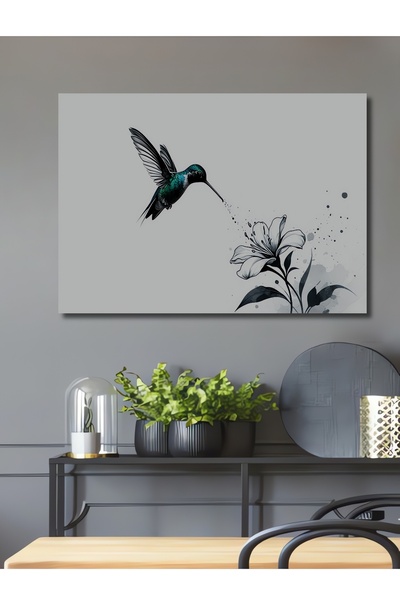 Teona Ahşap Sulu Boya Görünümlü Sinek Kuşu ve Zambak Çiçeği Ahşap Dekoratif D...