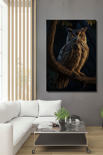 Teona Ahşap Gizemli Baykuş Yağlı Boya Görünümlü Ahşap Dekoratif Dikdörtgen Salon/Ofis/Ev/Mutfak/Banyo Tablo