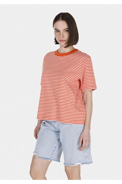 Colin's Regular Fit Round Neck Striped Women's Red Short Sleeve T-Shirt