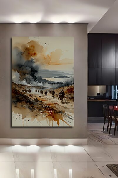 Teona Ahşap Çanakkale Savaşı Suluboya Görünümlü Ahşap Dekoratif Dikdörtgen Sa...