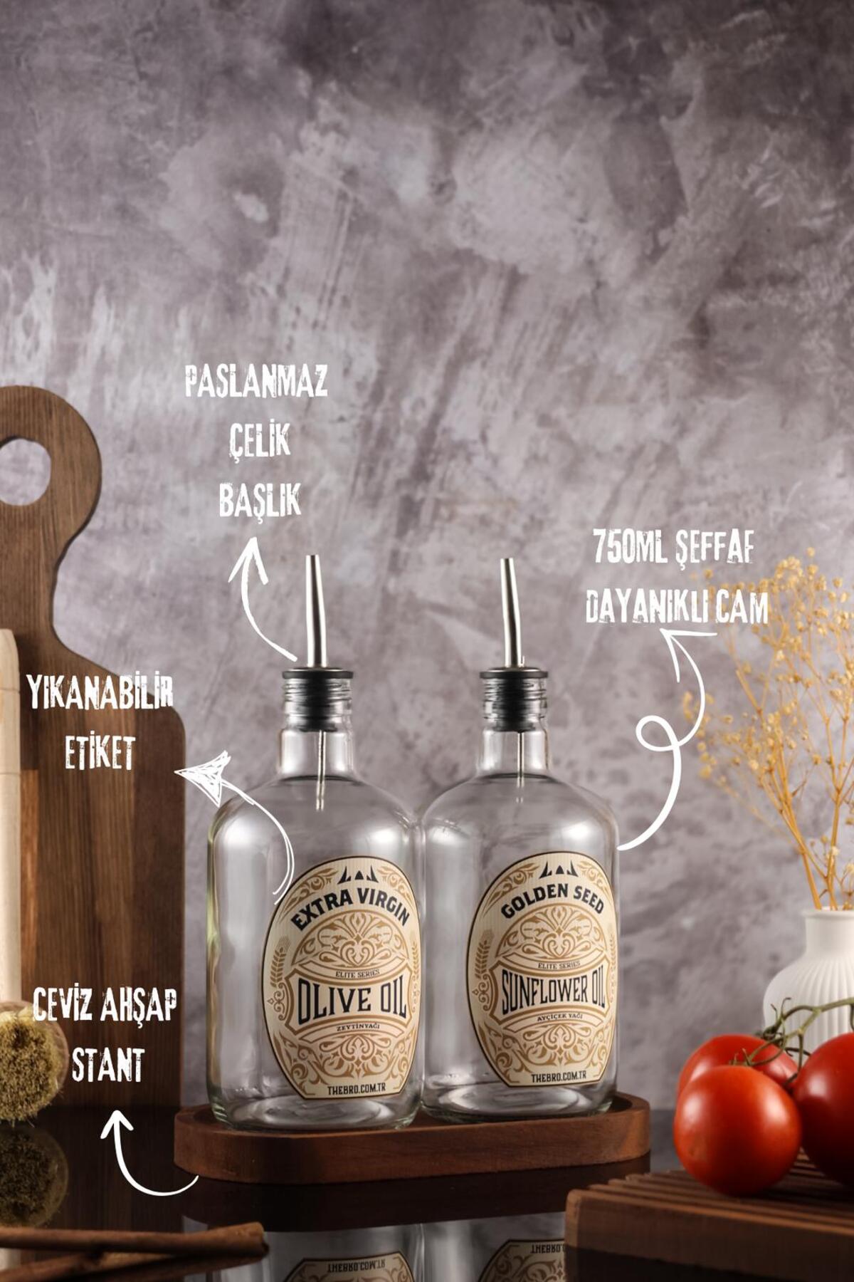 TheBRo 750ML Ahşap Stantlı Elite Serisi Şeffaf Cam Zeytinyağı ve Ayçiçek Yağı...