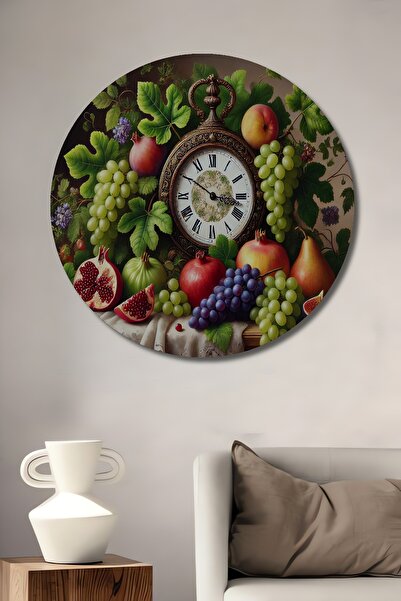 Teona Ahşap Antika Saatli Nar ve Üzüm Yağlı Boya Görünümlü Ahşap Dekoratif Yuvarlak Salon/Ofis/Ev/Mutfak Tablo