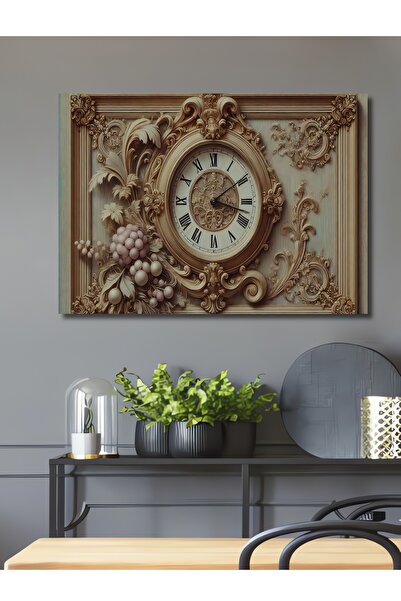 Teona Ahşap Altın Dokulu Klasik Saat Yağlı Boya Görünümlü Ahşap Dekoratif Dik...