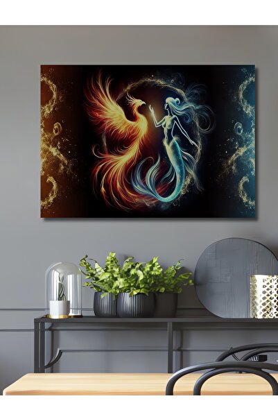 Teona Ahşap Denizkızı ve Anka Kuşu Yağlı Boya Görünümlü Dekoratif Dikdörtgen ...