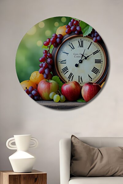 Teona Ahşap Retro Saatli Natürmort Yağlı Boya Görünümlü Ahşap Dekoratif Yuvar...