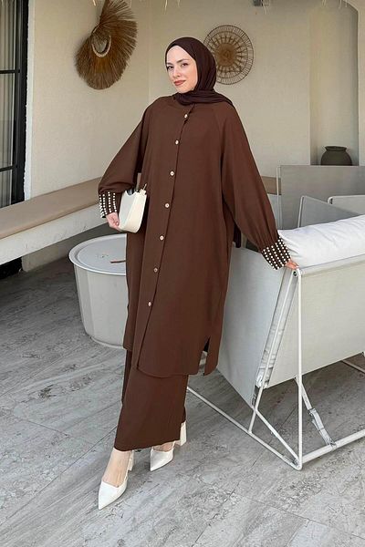 lamelif Pearl Detailed Hijab Διπλό Σετ Καφέ